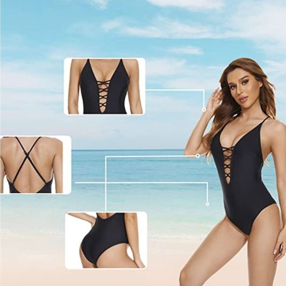 Lizens One Piece Black Monkini Swimsuit New With Tags  Size Small - Picture 8 of 11